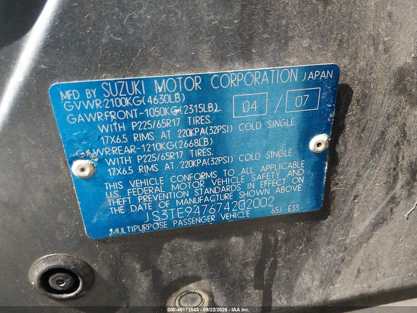 SUZUKI GRAND VITARA 2007 VIN JS3TE947674202002
