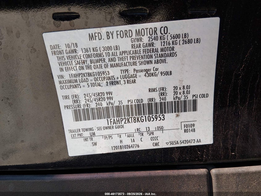FORD TAURUS 2019 VIN 1FAHP2KT8KG105953