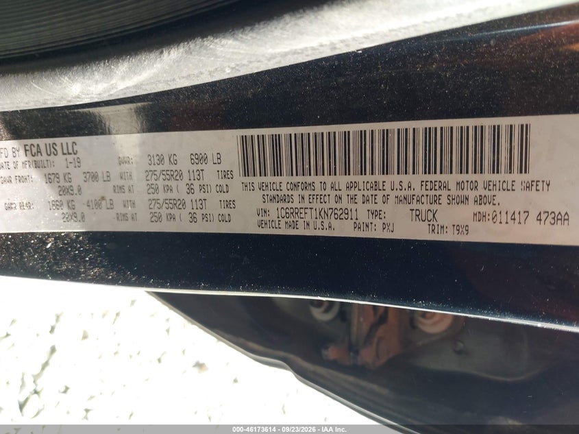 RAM 1500 2019 VIN 1C6RREFT1KN762911