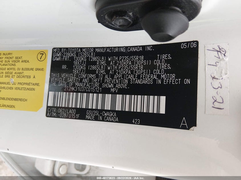 LEXUS RX 350 2007 VIN 2T2HK31U37C015121