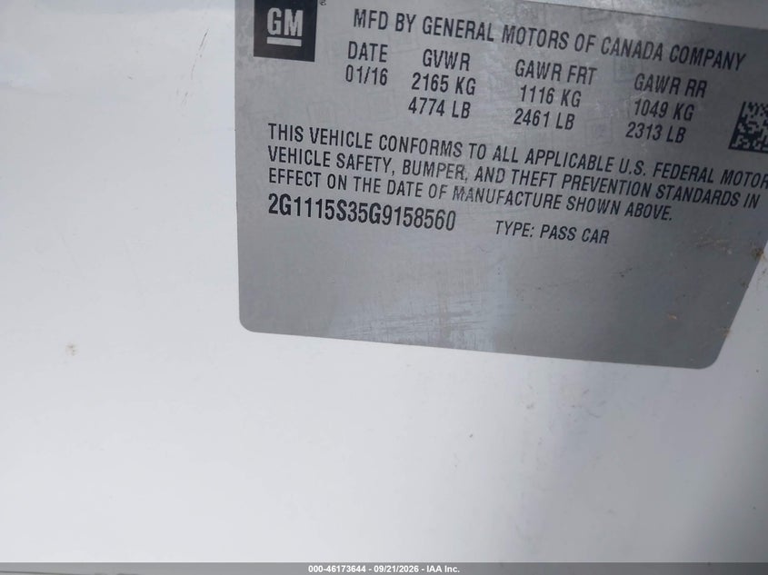 CHEVROLET IMPALA 2016 VIN 2G1115S35G9158560