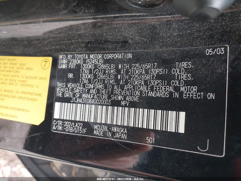 LEXUS RX 330 2004 VIN JTJHA31U840020003