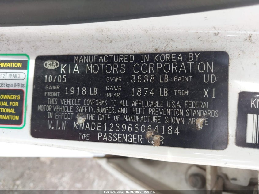 KIA RIO 2006 VIN KNADE123966064184