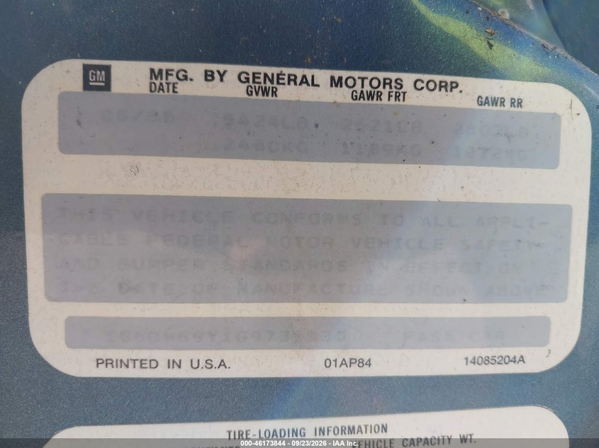 CADILLAC FLEETWOOD 1986 VIN 1G6DW69Y1G9739530