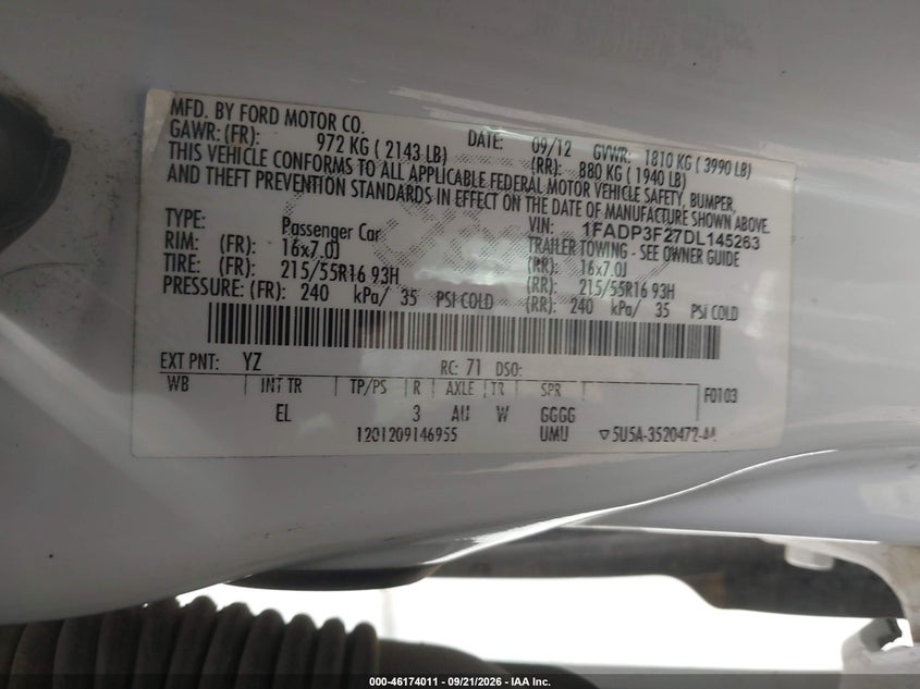FORD FOCUS 2013 VIN 1FADP3F27DL145263