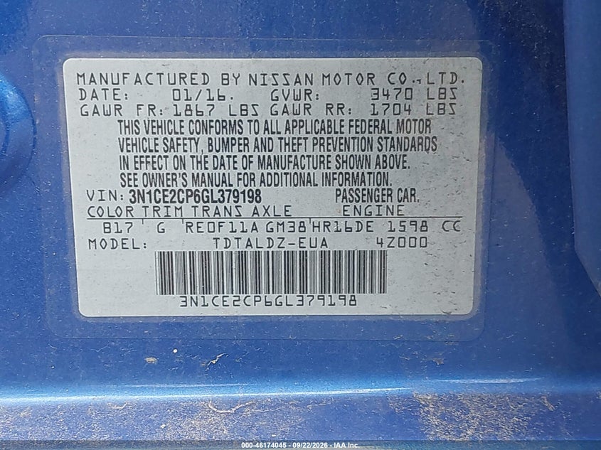 NISSAN VERSA NOTE 2016 VIN 3N1CE2CP6GL379198
