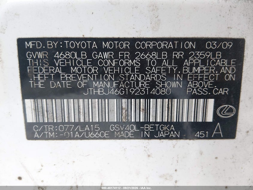 LEXUS ES 350 2009 VIN JTHBJ46G192314080