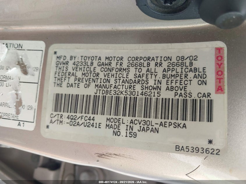 TOYOTA CAMRY 2003 VIN JTDBE32K530146215