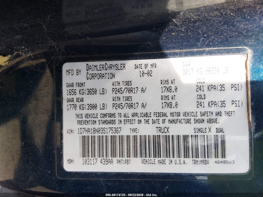 DODGE RAM 1500 2003 VIN 1D7HA18N03S175367