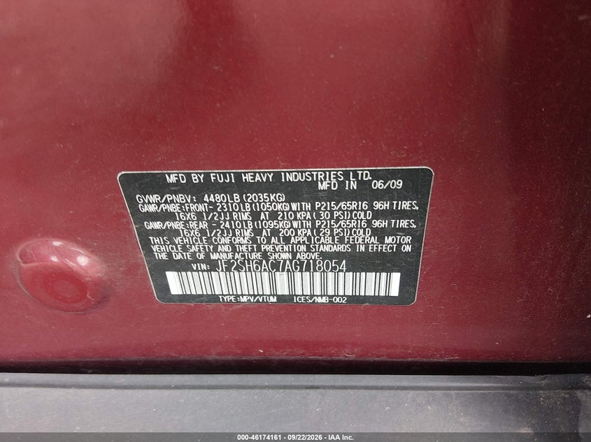 SUBARU FORESTER 2010 VIN JF2SH6AC7AG718054