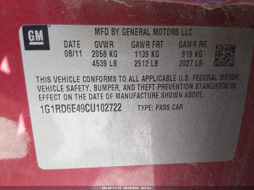 CHEVROLET VOLT 2012 VIN 1G1RD6E49CU102722