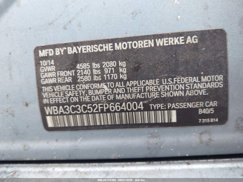 BMW 320I 2015 VIN WBA3C3C52FP664004