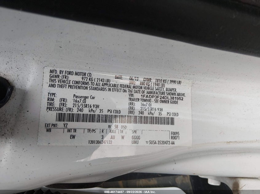FORD FOCUS 2013 VIN 1FADP3F24DL381952