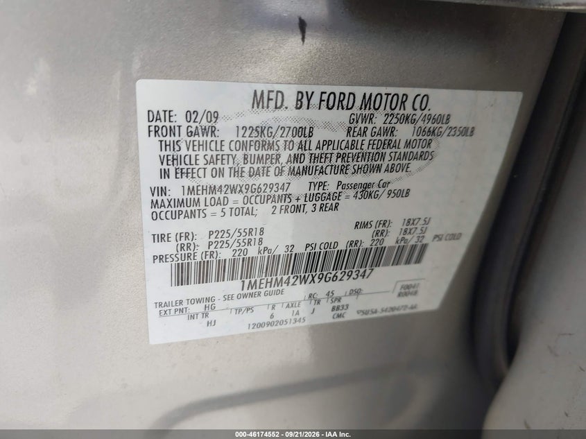 MERCURY SABLE 2009 VIN 1MEHM42WX9G629347