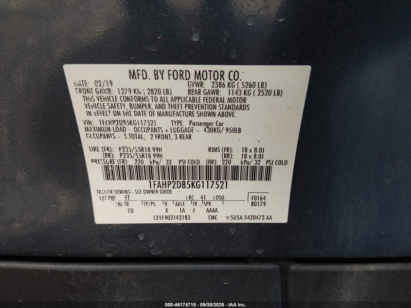 FORD TAURUS 2019 VIN 1FAHP2D85KG117521