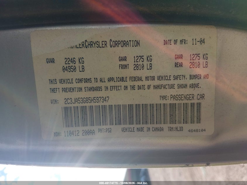 CHRYSLER 300 2005 VIN 2C3JA53G85H597347