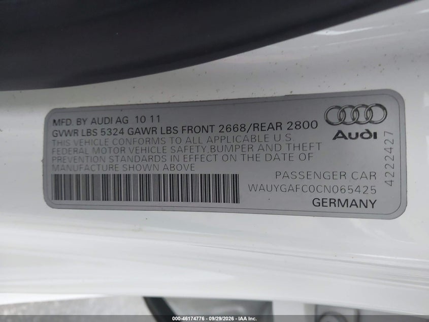 AUDI A7 2012 VIN WAUYGAFC0CN065425