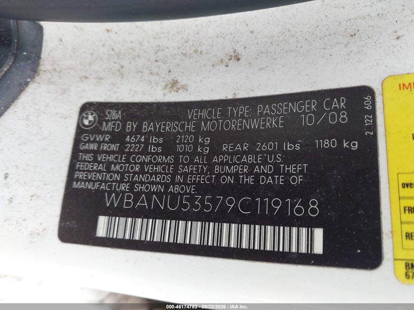 BMW 5 SERIES 2009 VIN WBANU53579C119168