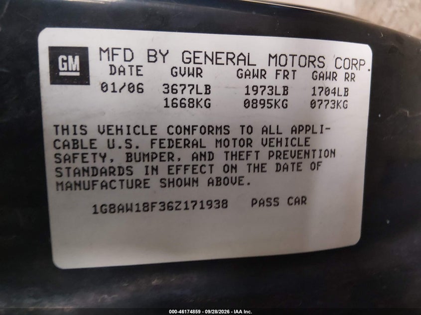 SATURN ION 2006 VIN 1G8AW18F36Z171938