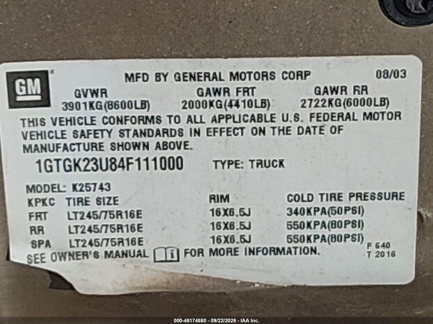 GMC SIERRA 2500 2004 VIN 1GTGK23U84F111000