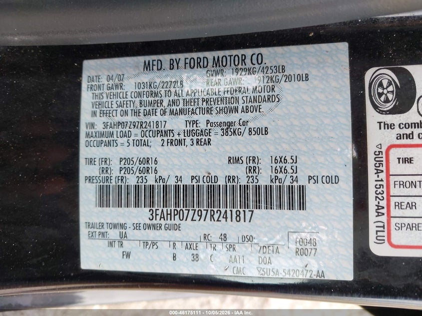 FORD FUSION 2007 VIN 3FAHP07Z97R241817