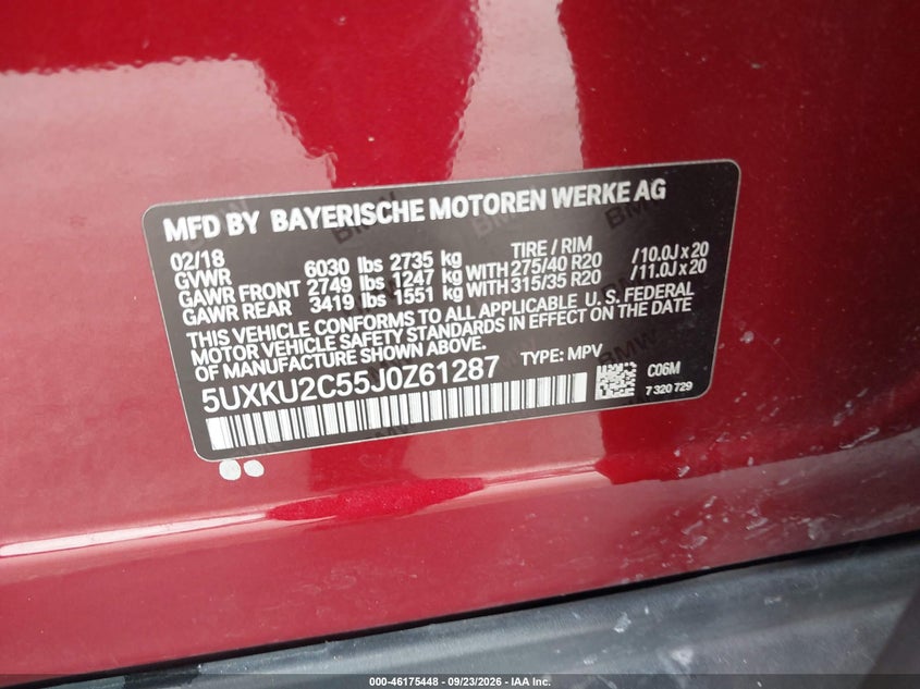BMW X6 2018 VIN 5UXKU2C55J0Z61287