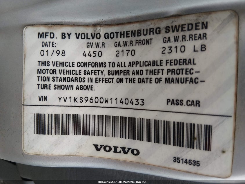 VOLVO S90 1998 VIN YV1KS9600W1140433