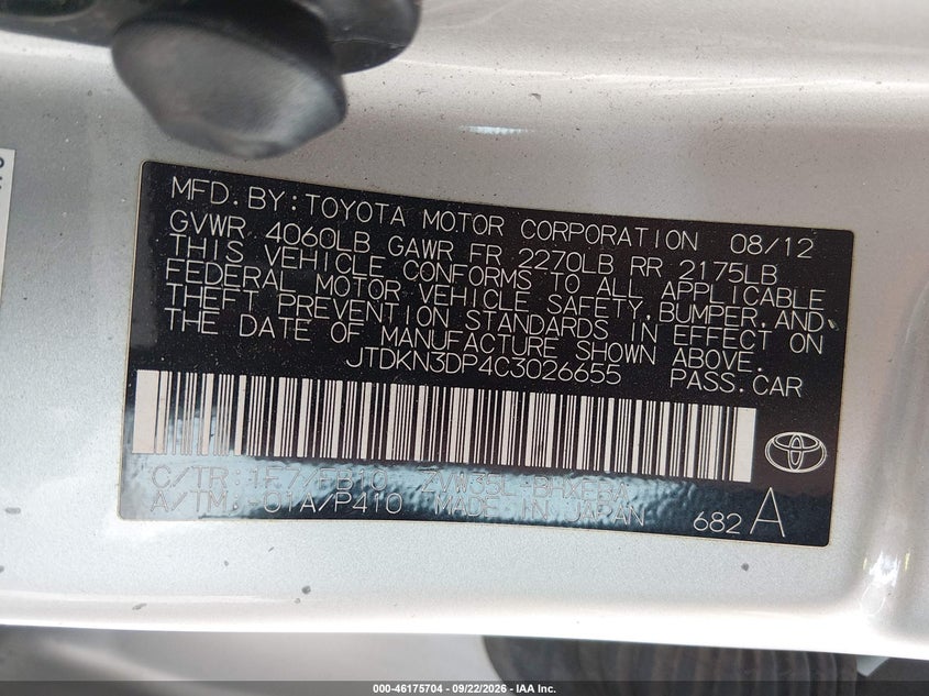 TOYOTA PRIUS PLUG-IN 2012 VIN JTDKN3DP4C3026655