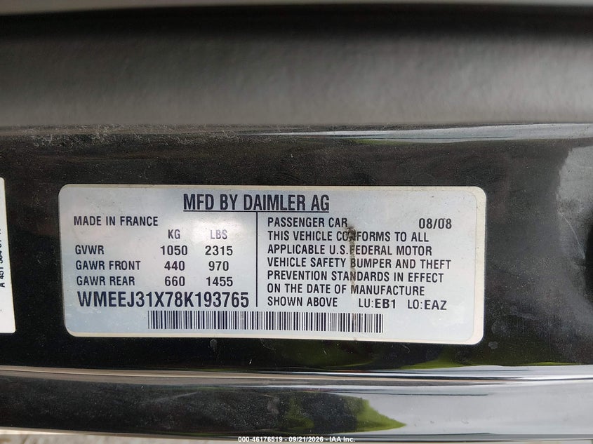 SMART FORTWO 2008 VIN WMEEJ31X78K193765