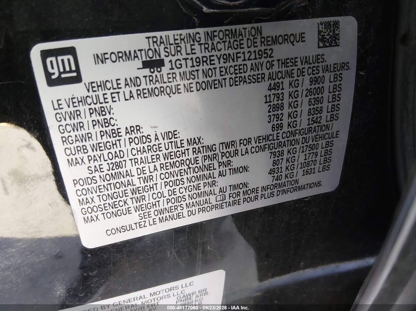 GMC SIERRA 2500HD 2022 VIN 1GT19REY9NF121952