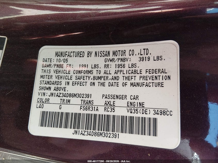 NISSAN 350Z 2006 VIN JN1AZ34D86M302391