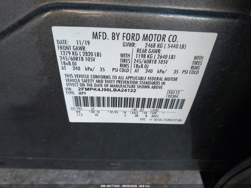 FORD EDGE 2020 VIN 2FMPK4J96LBA24122