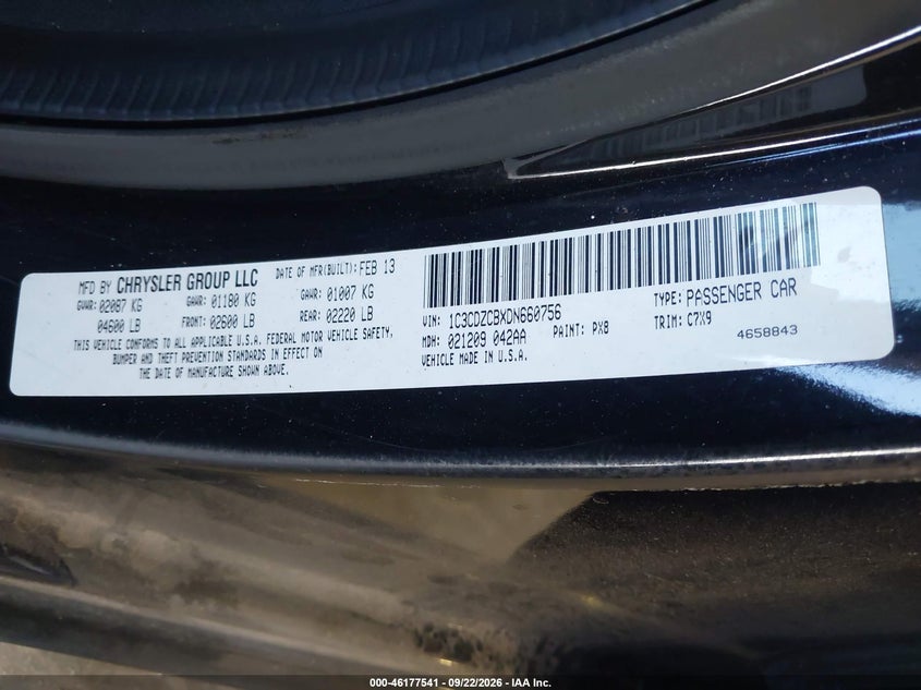 DODGE AVENGER 2013 VIN 1C3CDZCBXDN660756