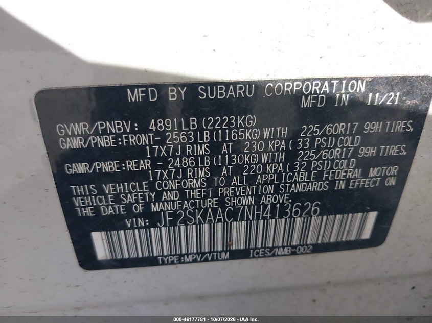 Vin: jf2skaac7nh413626, lot: 46677641, subaru forester 20224