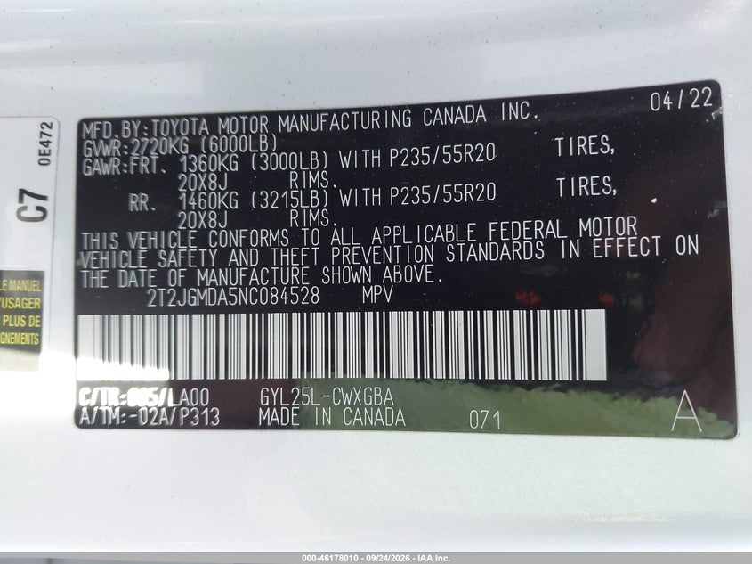 LEXUS RX 450H 2022 VIN 2T2JGMDA5NC084528