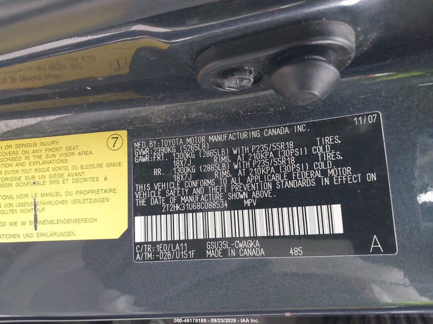 LEXUS RX 350 2008 VIN 2T2HK31U68C088534