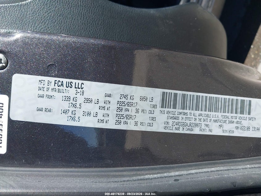 DODGE GRAND CARAVAN 2018 VIN 2C4RDGBGXJR220073
