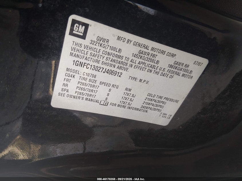 CHEVROLET TAHOE 2007 VIN 1GNFC13027J406912