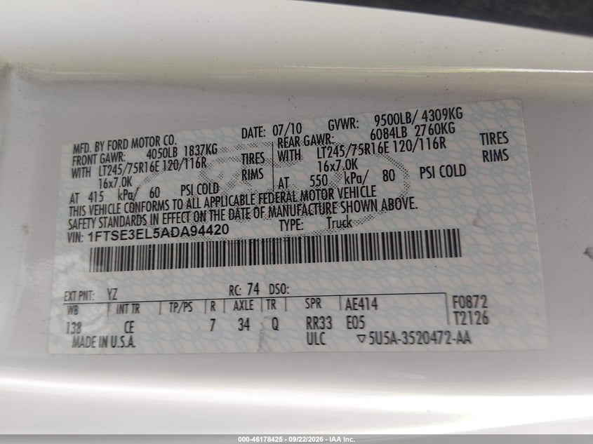 Vin: 1ftse3el5ada94420, lot: 46678285, ford e-350 super duty commercial 20104