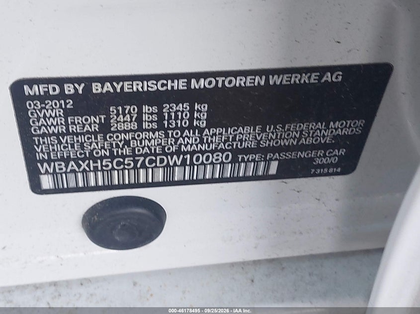 BMW 528I 2012 VIN WBAXH5C57CDW10080
