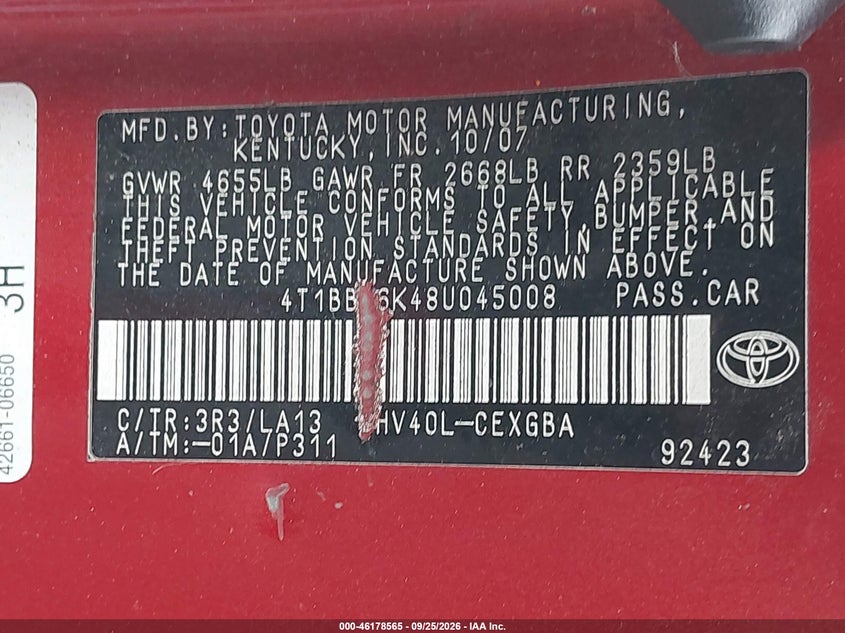 TOYOTA CAMRY HYBRID 2008 VIN 4T1BB46K48U045008