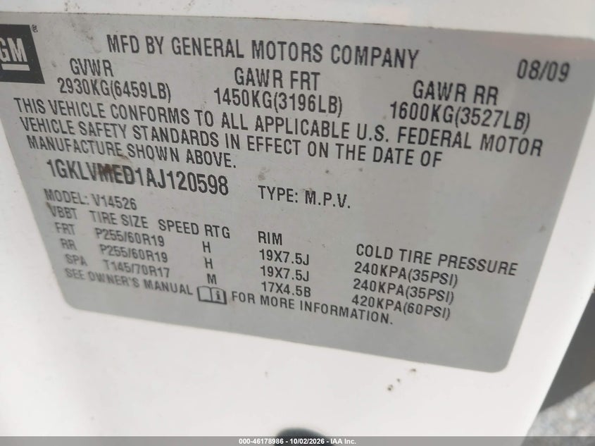 GMC ACADIA 2010 VIN 1GKLVMED1AJ120598