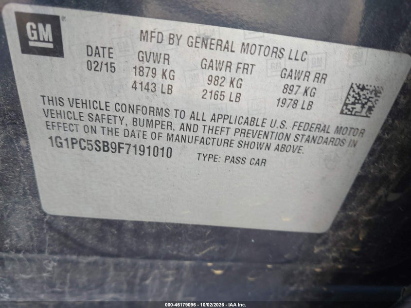 CHEVROLET CRUZE 2015 VIN 1G1PC5SB9F7191010