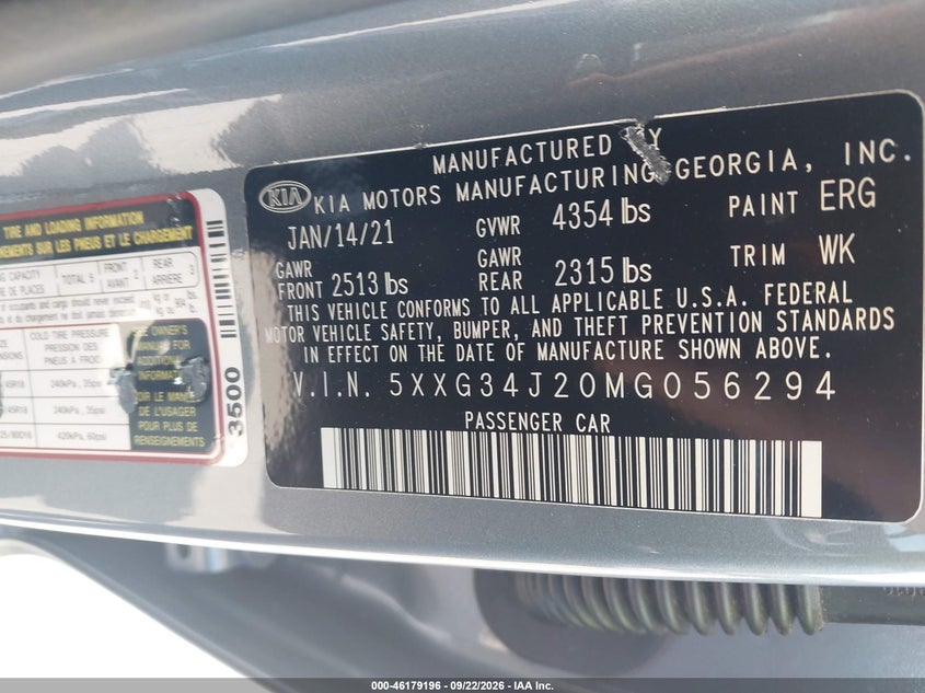KIA K5 2021 VIN 5XXG34J20MG056294