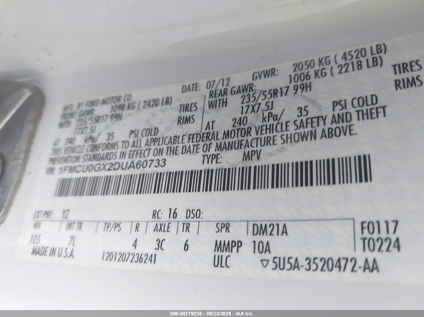 FORD ESCAPE 2013 VIN 1FMCU0GX2DUA60733