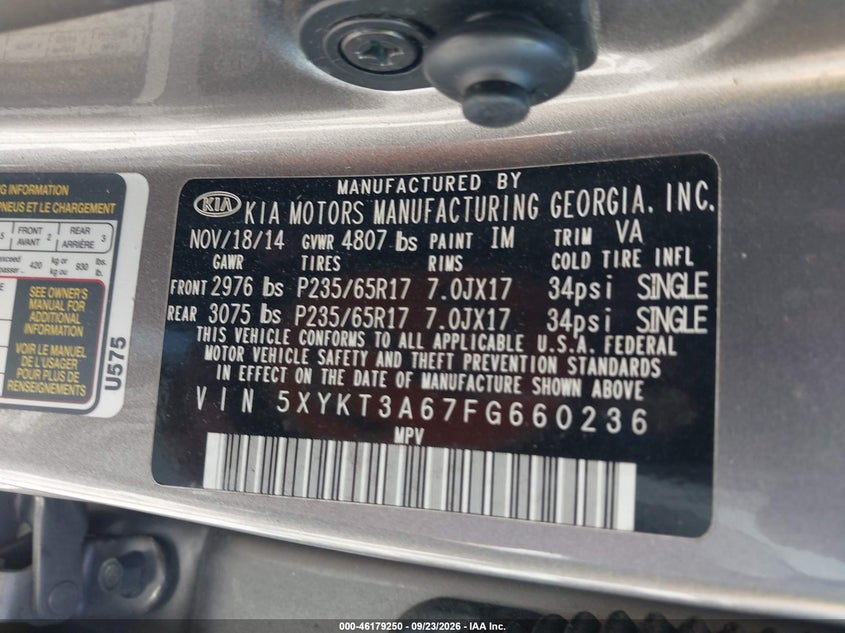 KIA SORENTO 2015 VIN 5XYKT3A67FG660236