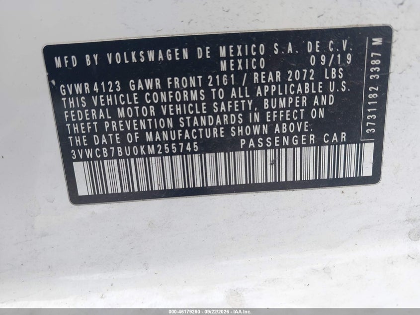 VOLKSWAGEN JETTA 2019 VIN 3VWCB7BU0KM255745