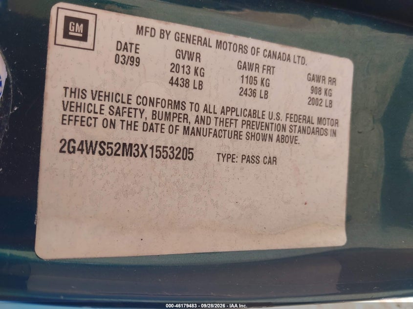 BUICK CENTURY 1999 VIN 2G4WS52M3X1553205