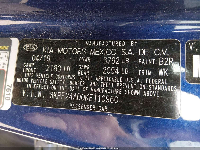 KIA FORTE 2019 VIN 3KPF24AD0KE110960