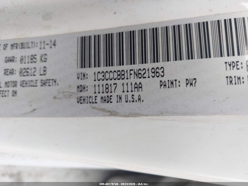 CHRYSLER 200 2015 VIN 1C3CCCBB1FN621963